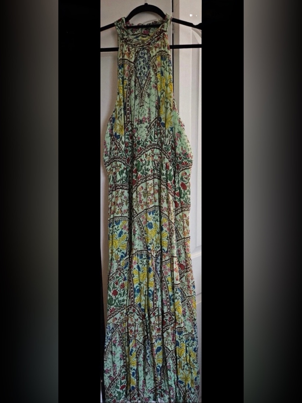 Anthropologie Halter Floral Maxi Dress in Mint, Yellow & Green